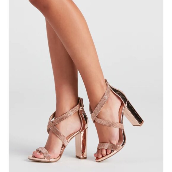 Windsor ✦ Glitzy Rhinestone Chrome Block Heels ✦ Rose Gold Almond Toe 8.5 NWT - Picture 10 of 10
